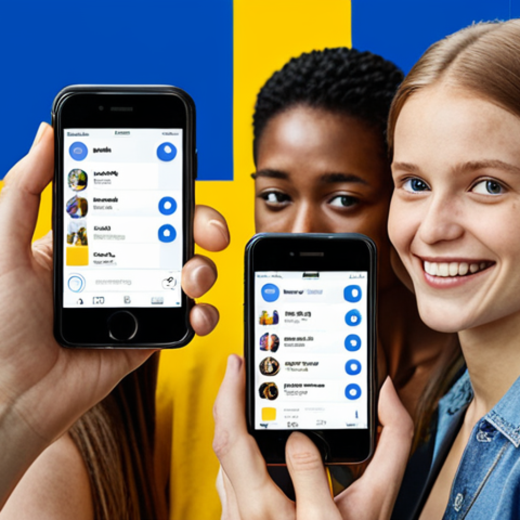 **

Prompt:  A diverse group of people enthusiastically engaging with a brand's interactive social media contest, using their mobile phones. Bright, modern aesthetic, reflecting a strong community feel. Subtle Swedish flag colors incorporated in the background.

**