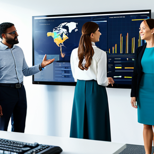 A diverse group of professional individuals (men and women) in modest business attire and professional dress, collaborating dynamically around a large interactive screen displaying complex data visualizations in a modern, brightly lit office environment. They are gesturing towards the screen, engaged in an open discussion, and sharing insights. The atmosphere is collaborative and energetic, symbolizing synergy and shared goals. Professional photography, high resolution, soft studio lighting, natural pose, perfect anatomy, correct proportions, well-formed hands, proper finger count, natural body proportions, fully clothed, modest clothing, appropriate attire, professional dress, safe for work, appropriate content, family-friendly.