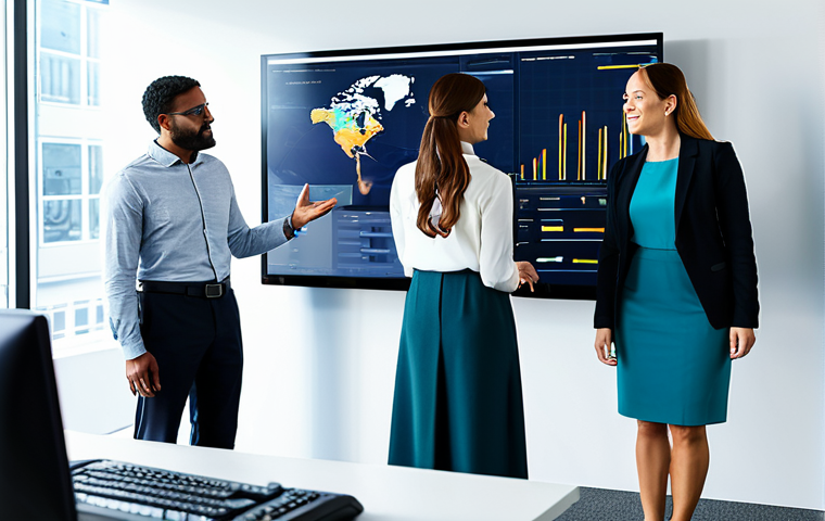 A diverse group of professional individuals (men and women) in modest business attire and professional dress, collaborating dynamically around a large interactive screen displaying complex data visualizations in a modern, brightly lit office environment. They are gesturing towards the screen, engaged in an open discussion, and sharing insights. The atmosphere is collaborative and energetic, symbolizing synergy and shared goals. Professional photography, high resolution, soft studio lighting, natural pose, perfect anatomy, correct proportions, well-formed hands, proper finger count, natural body proportions, fully clothed, modest clothing, appropriate attire, professional dress, safe for work, appropriate content, family-friendly.