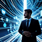 A professional business analyst, fully clothed in an appropriate business suit, stands amidst an abstract, interconnected digital landscape. Winding, glowing light paths represent dynamic customer journeys, branching out to various floating digital screens displaying social media icons, email symbols, and search bars. The scene emphasizes multi-channel interaction and the complexity of modern consumer paths, perfect anatomy, correct proportions, natural pose, well-formed hands, professional photography, high quality, safe for work, appropriate content, family-friendly.