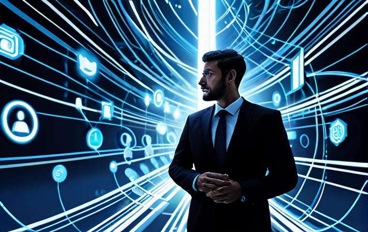 A professional business analyst, fully clothed in an appropriate business suit, stands amidst an abstract, interconnected digital landscape. Winding, glowing light paths represent dynamic customer journeys, branching out to various floating digital screens displaying social media icons, email symbols, and search bars. The scene emphasizes multi-channel interaction and the complexity of modern consumer paths, perfect anatomy, correct proportions, natural pose, well-formed hands, professional photography, high quality, safe for work, appropriate content, family-friendly.