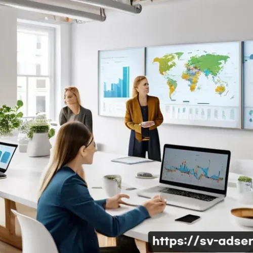 Home 32 퍼포먼스 마케팅 캠페인 최적화 방법 - A modern Scandinavian office setting with a diverse team of young marketing professionals analyzing ...