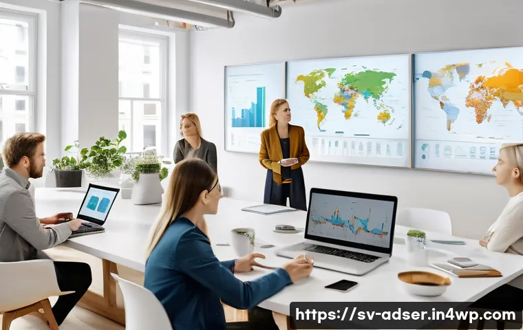 퍼포먼스 마케팅 캠페인 최적화 방법 - A modern Scandinavian office setting with a diverse team of young marketing professionals analyzing ...