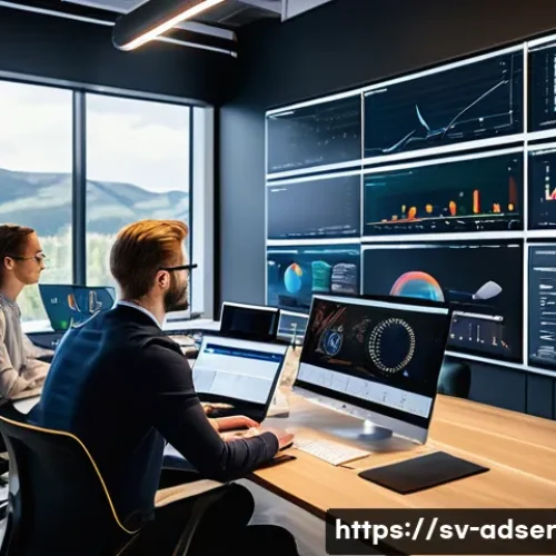 Home 31 퍼포먼스 마케팅의 과거 현재 미래 - A modern digital marketing control room featuring a diverse team of Swedish professionals analyzing ...