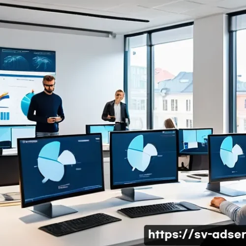 Home 30 퍼포먼스 마케팅을 위한 고객 세분화 기술 - A modern marketing office scene in Stockholm, Sweden, showing a diverse team of professionals analyz...