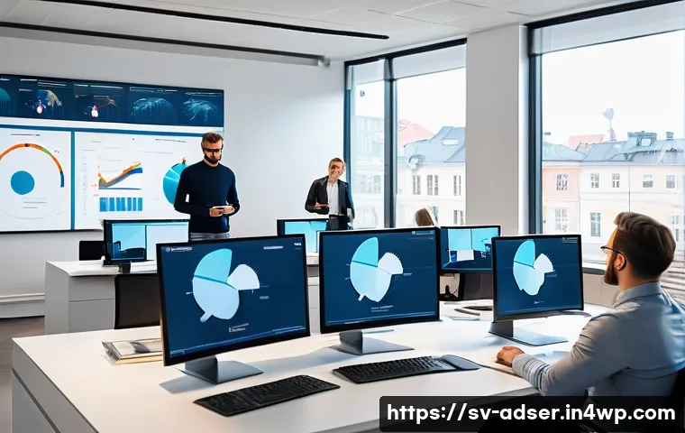 퍼포먼스 마케팅을 위한 고객 세분화 기술 - A modern marketing office scene in Stockholm, Sweden, showing a diverse team of professionals analyz...