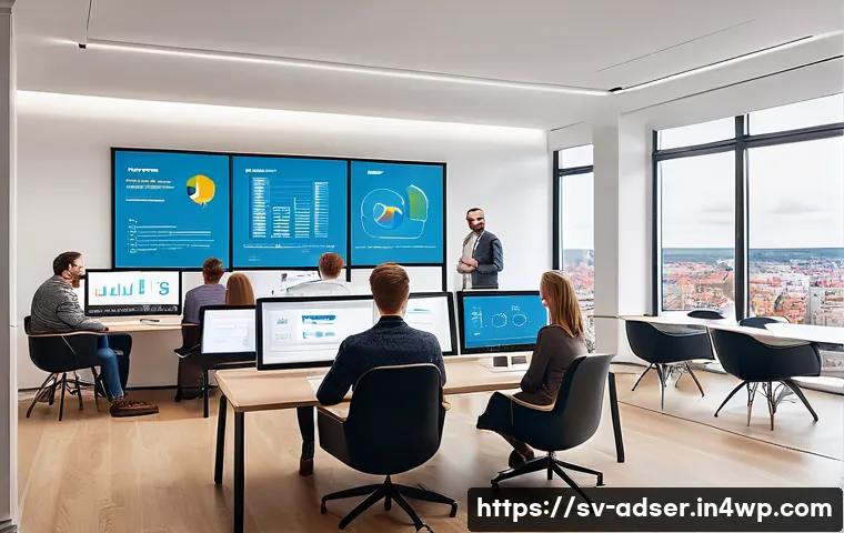 퍼포먼스 마케팅에서의 KPI 설정 방법 - A modern digital marketing office scene in Stockholm, Sweden, showing a diverse team of marketers an...