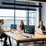 Home 18 퍼포먼스 마케팅에서의 실시간 데이터 활용 - A modern Scandinavian marketing office scene featuring a diverse team of professionals analyzing rea...