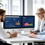 Home 23 퍼포먼스 마케팅의 성과 기반 전략 - A modern Swedish digital marketing office scene showing a diverse team of professionals analyzing re...