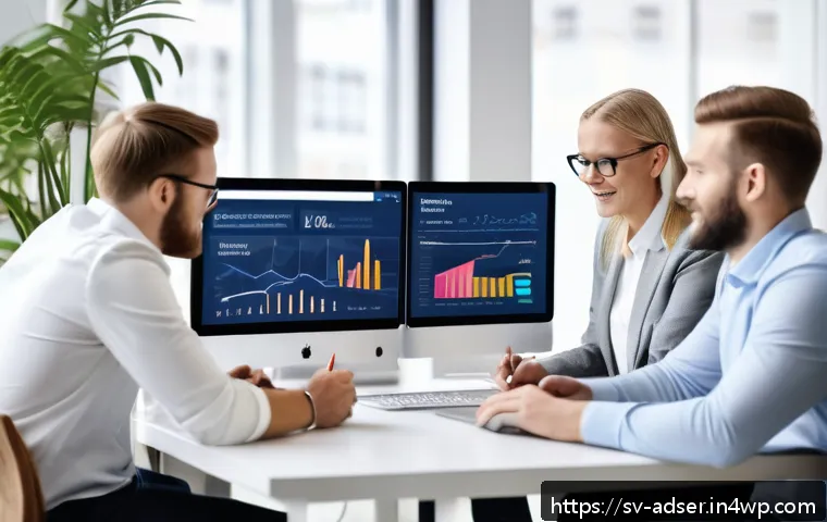 퍼포먼스 마케팅의 성과 기반 전략 - A modern Swedish digital marketing office scene showing a diverse team of professionals analyzing re...